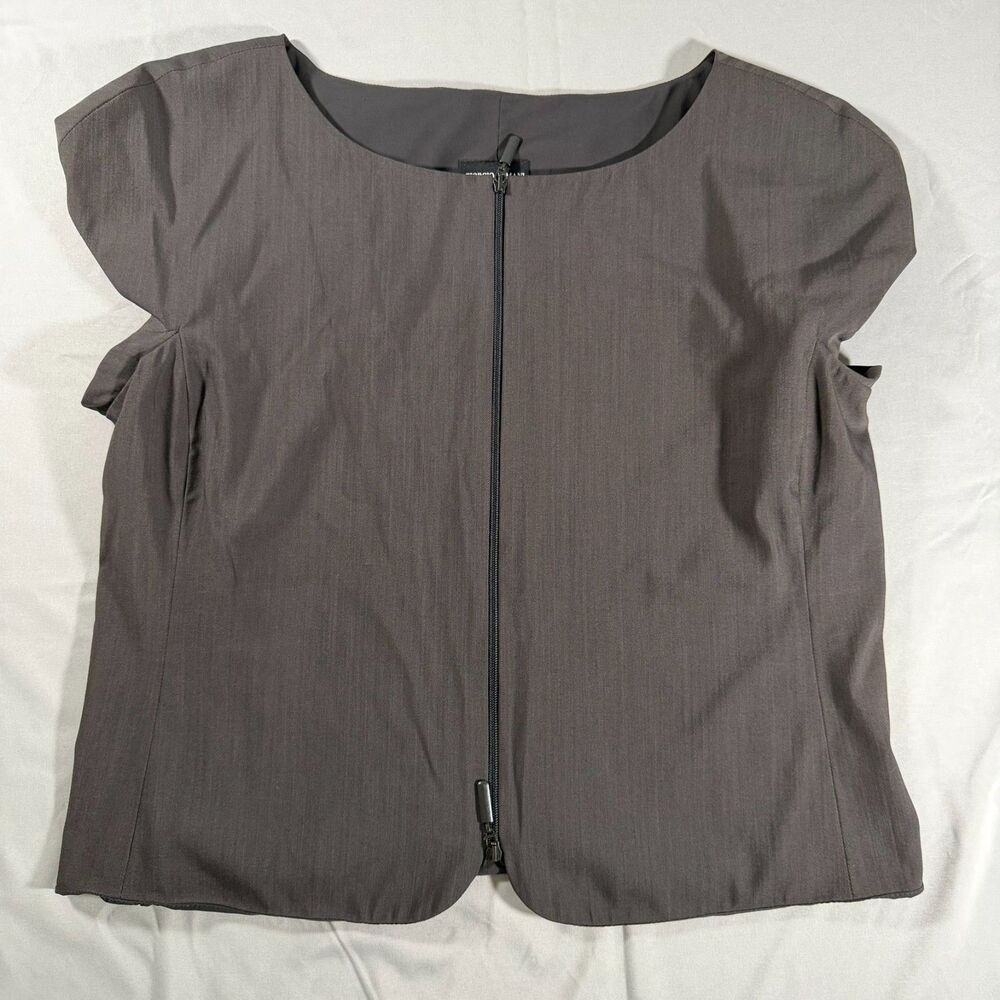 Giorgio Armani Collezioni Grey Virgin Wool Blend Zip-Up Cap Sleeve Blouse IT 48